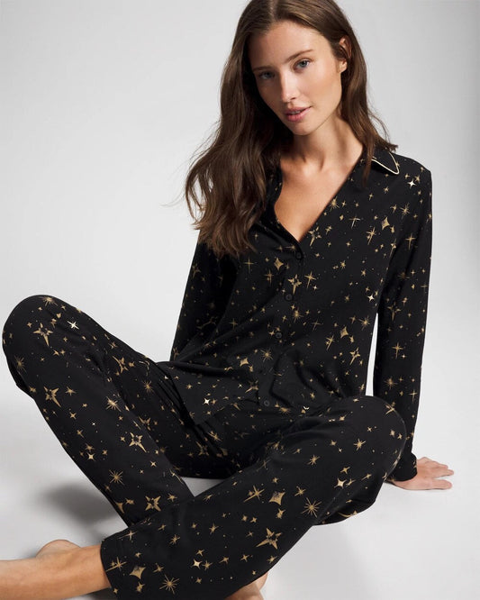 Long-Sleeve Notch Collar Pajama Top - STELLAR SCENE BLACK/FOIL | Soma Women