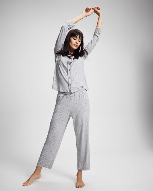 Long-Sleeve Printed Notch Collar Pajama Top - PEACEFUL DOT HEATHER | Soma Women