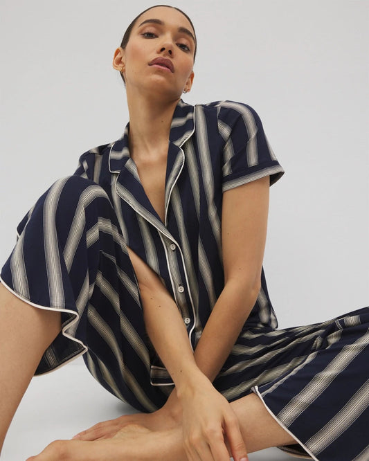 Piped Short Sleeve Notch Collar Pajama Top - HAMPTON STRIPE NA CHAMP | Soma Women