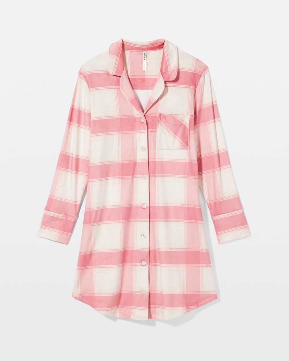 Long-Sleeve Notch Collar Sleepshirt - FROSTED PLAID PINK | Soma Women