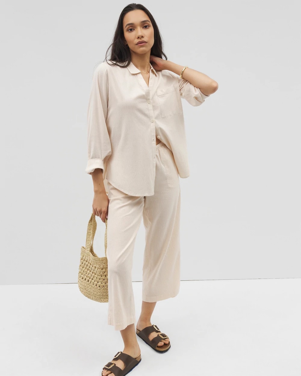 Beach Cotton Crop Pant - PALE SAND STRIPE | Soma Women