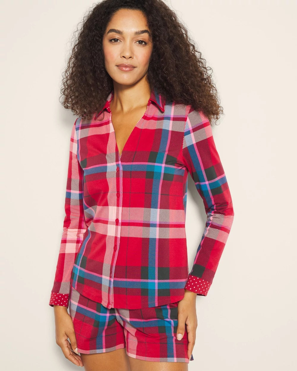 Long-Sleeve Notch Collar Pajama Top - SNUGGLE UP PLAID RED | Soma Women