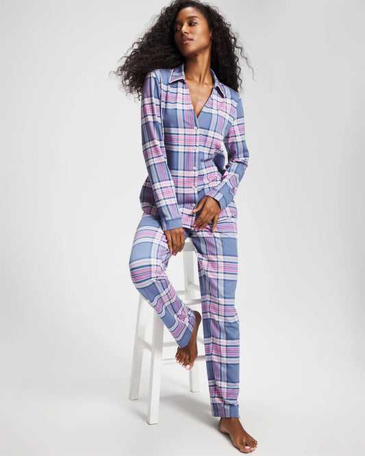 Long-Sleeve Notch Collar Pajama Top - PRETTY PLAID SUNDOWN | Soma Women