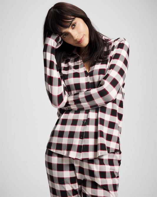 Long-Sleeve Notch Collar Pajama Top - DREAMSCAPE PLAID BLACK | Soma Women