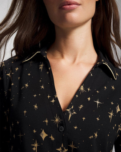 Long-Sleeve Notch Collar Pajama Top - STELLAR SCENE BLACK/FOIL | Soma Women