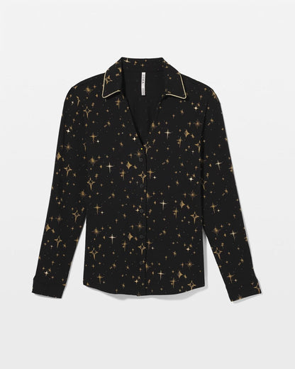 Long-Sleeve Notch Collar Pajama Top - STELLAR SCENE BLACK/FOIL | Soma Women