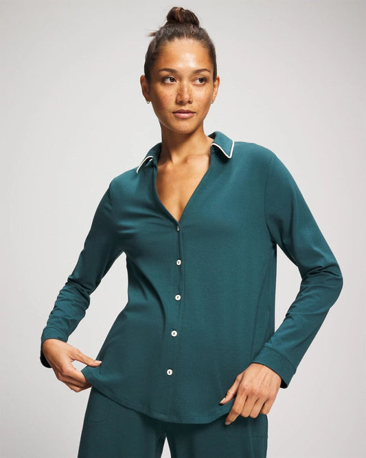 Long-Sleeve Notch Collar Pajama Top - DEEP TEAL | Soma Women