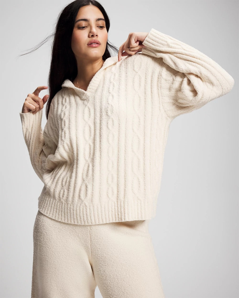 Cable Knit Plush Hoodie - PARCHMENT | Soma Women