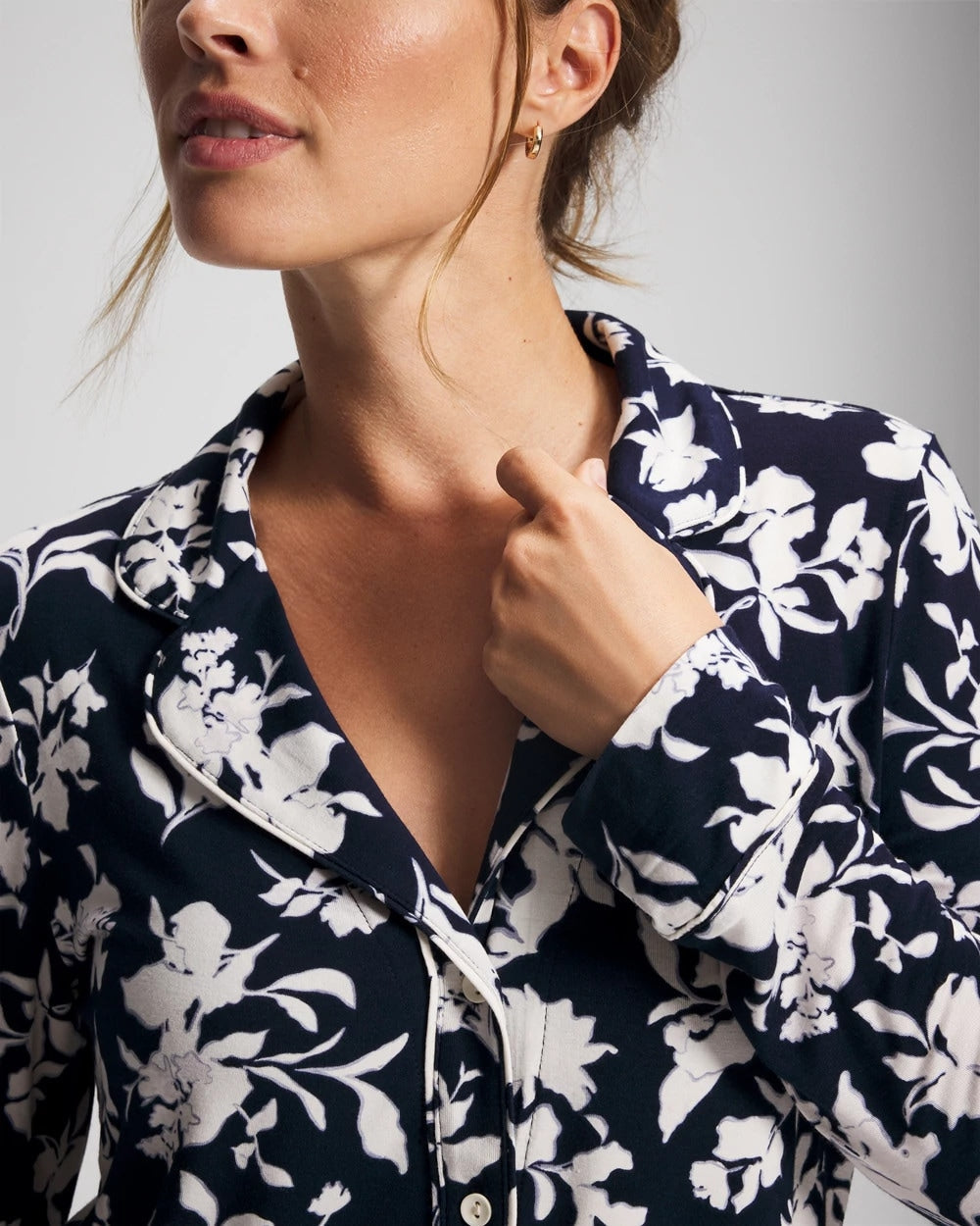 Long-Sleeve Printed Notch Collar Pajama Top - SERENITY PETALS NAVY | Soma Women