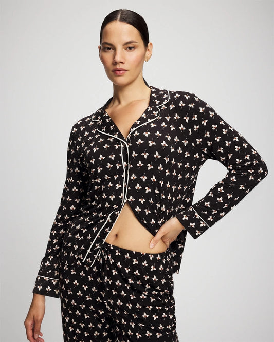 Long-Sleeve Printed Notch Collar Pajama Top - PEACEFUL PETALS BLACK | Soma Women