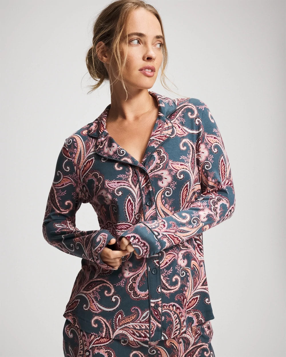 Long-Sleeve Printed Notch Collar Pajama Top - IMPERIAL PAISLEY MD PET | Soma Women