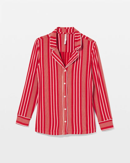 Long-Sleeve Printed Notch Collar Pajama Top - ASPEN STRIPE RED | Soma Women