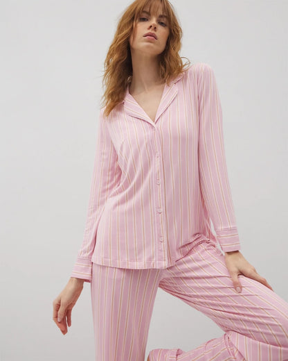 Long-Sleeve Printed Notch Collar Pajama Top - BLISS STRIPE LAVENDER | Soma Women