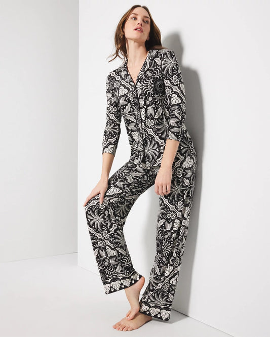 Long-Sleeve Printed Notch Collar Pajama Top - AMAZONIA TILE BLACK | Soma Women