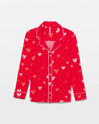 Long-Sleeve Printed Notch Collar Pajama Top - LOVELY HEART RED | Soma Women