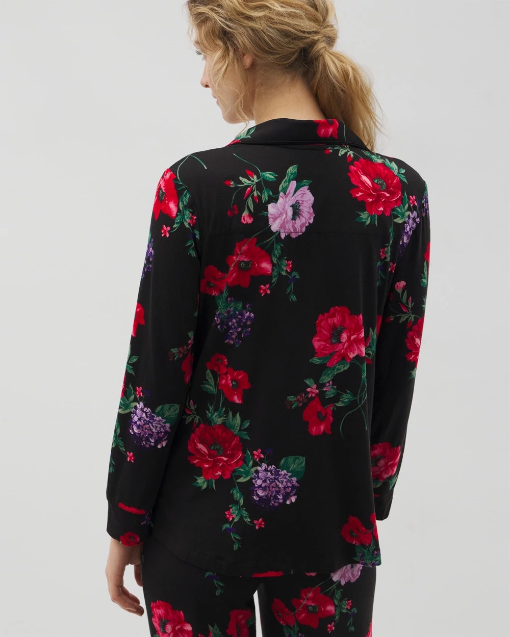Long-Sleeve Printed Notch Collar Pajama Top - RHAPSODY FLORA BLACK | Soma Women