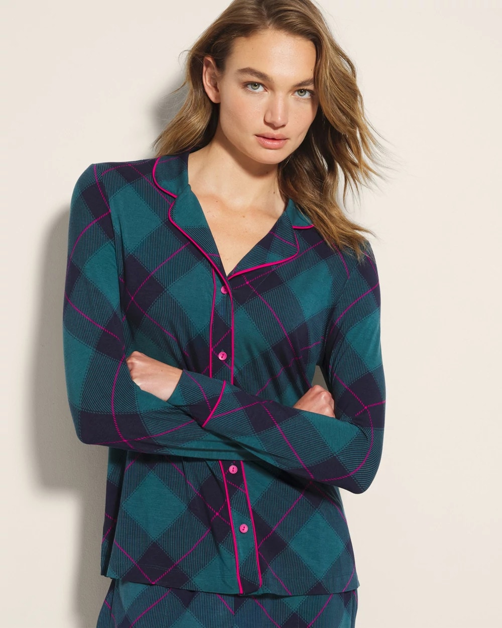 Long-Sleeve Printed Notch Collar Pajama Top - BUNDLE UP PLAID BIAS TEAL | Soma Women