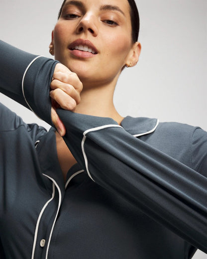 Long-Sleeve Notch Collar Pajama Top - PETROL | Soma Women