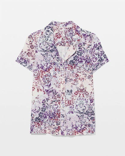 Piped Short Sleeve Notch Collar Pajama Top - LACE HARMONY LILAC | Soma Women