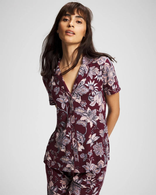 Piped Short Sleeve Notch Collar Pajama Top - PAISLEY SPLENDOR PLUM | Soma Women
