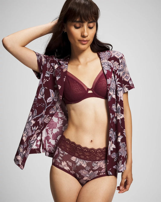 Piped Short Sleeve Notch Collar Pajama Top - PAISLEY SPLENDOR PLUM | Soma Women