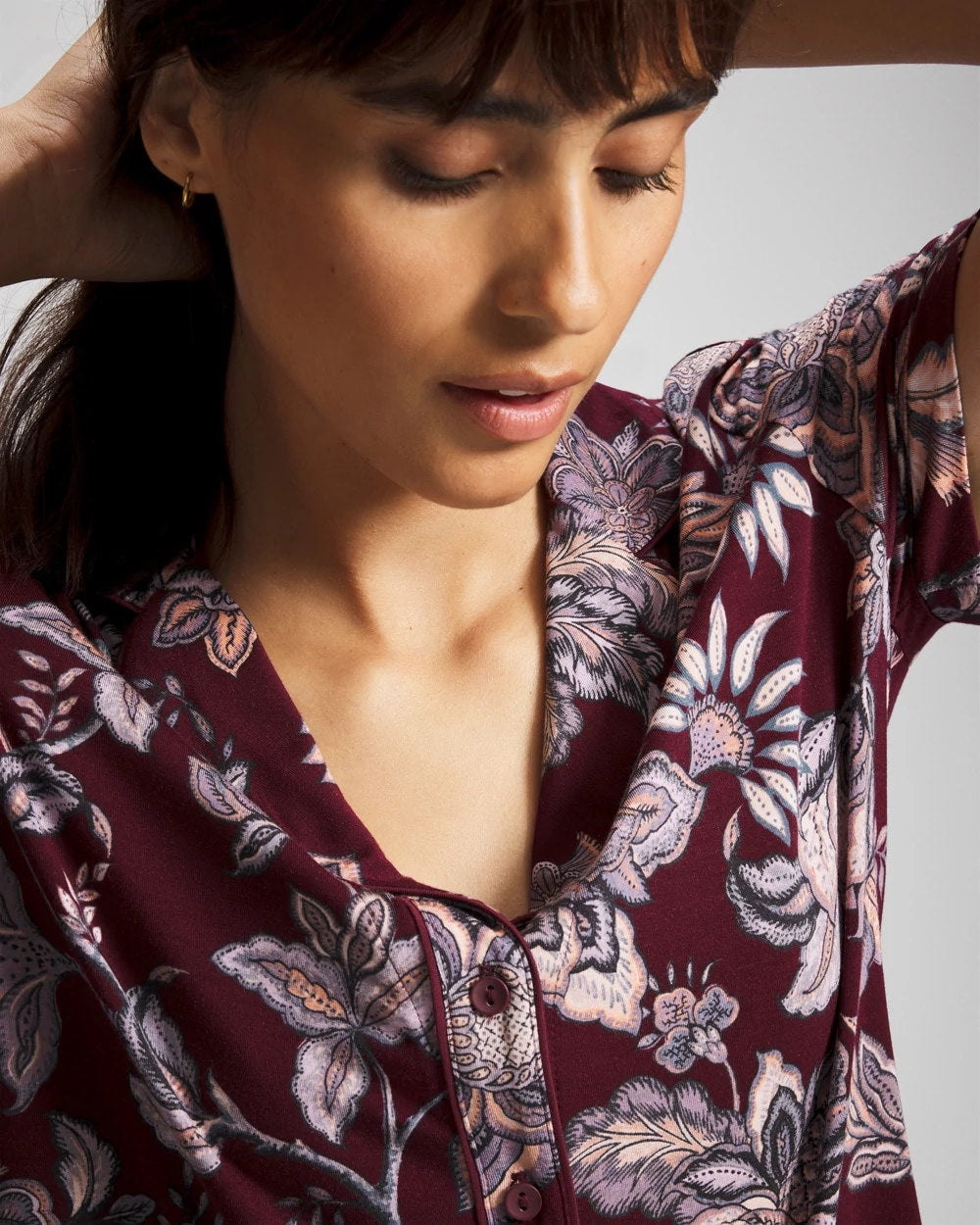 Piped Short Sleeve Notch Collar Pajama Top - PAISLEY SPLENDOR PLUM | Soma Women