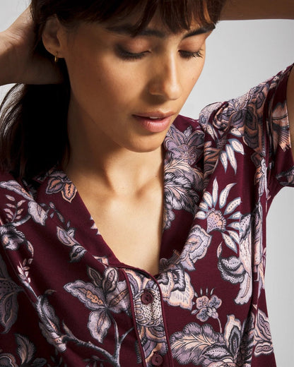 Piped Short Sleeve Notch Collar Pajama Top - PAISLEY SPLENDOR PLUM | Soma Women