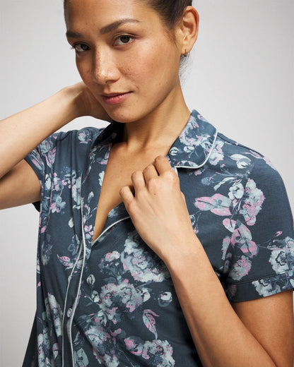 Piped Short Sleeve Notch Collar Pajama Top - FLORA SHIMMER PETROL | Soma Women