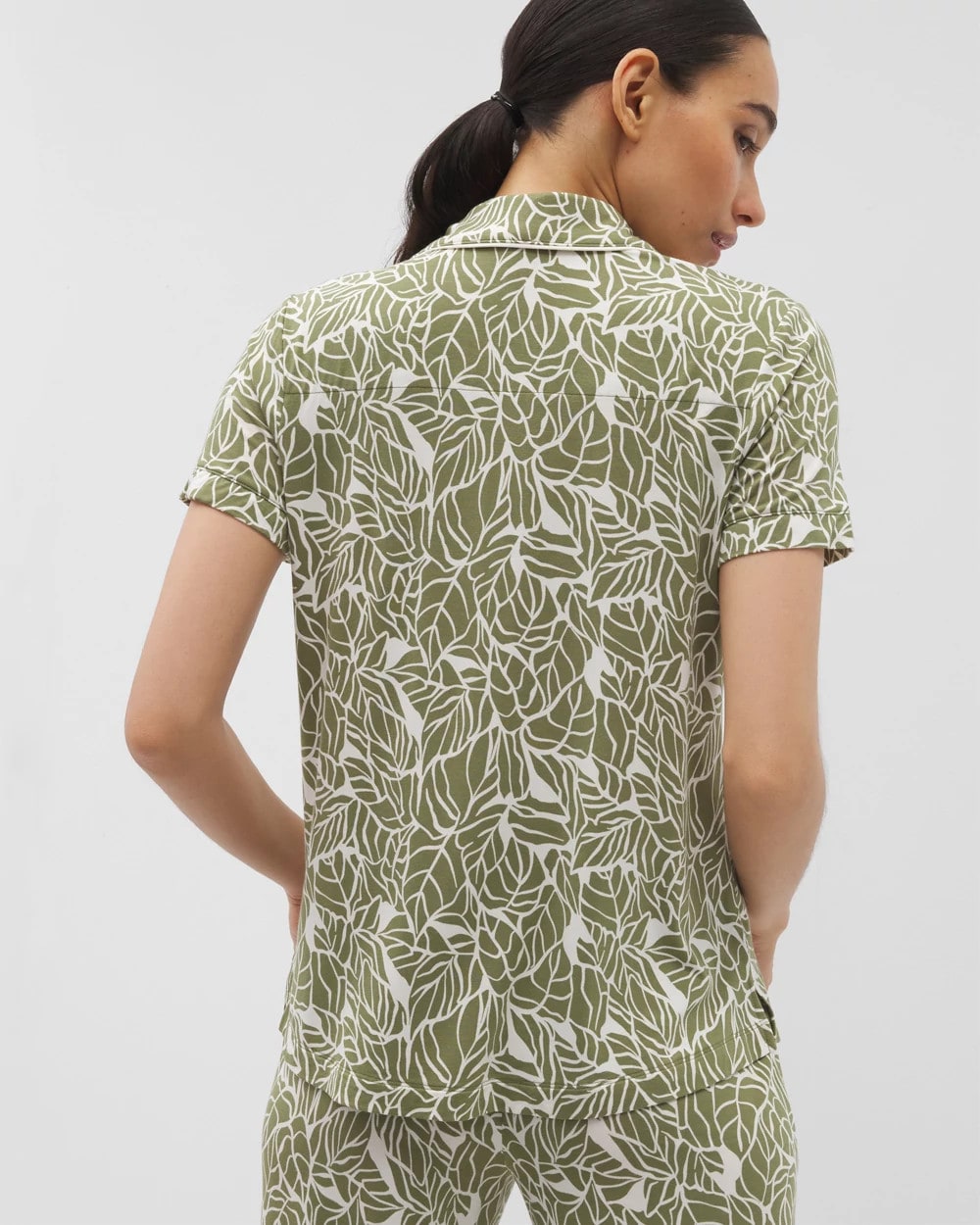Piped Short Sleeve Notch Collar Pajama Top - PALMTASTIC VETIVER/CHAMP | Soma Women
