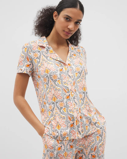 Piped Short Sleeve Notch Collar Pajama Top - VINE PAISLEY CHAMPAGNE M | Soma Women