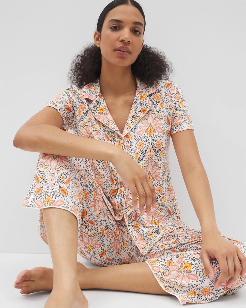 Piped Short Sleeve Notch Collar Pajama Top - VINE PAISLEY CHAMPAGNE M | Soma Women