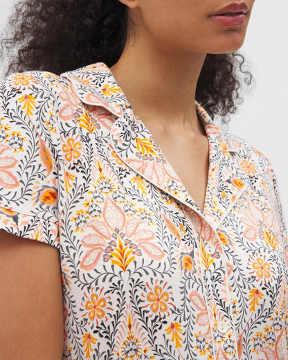Piped Short Sleeve Notch Collar Pajama Top - VINE PAISLEY CHAMPAGNE M | Soma Women
