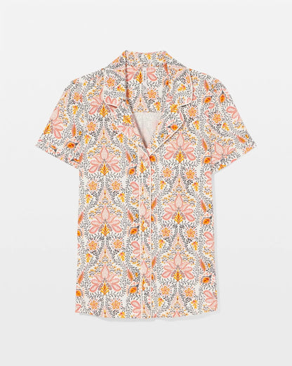 Piped Short Sleeve Notch Collar Pajama Top - VINE PAISLEY CHAMPAGNE M | Soma Women