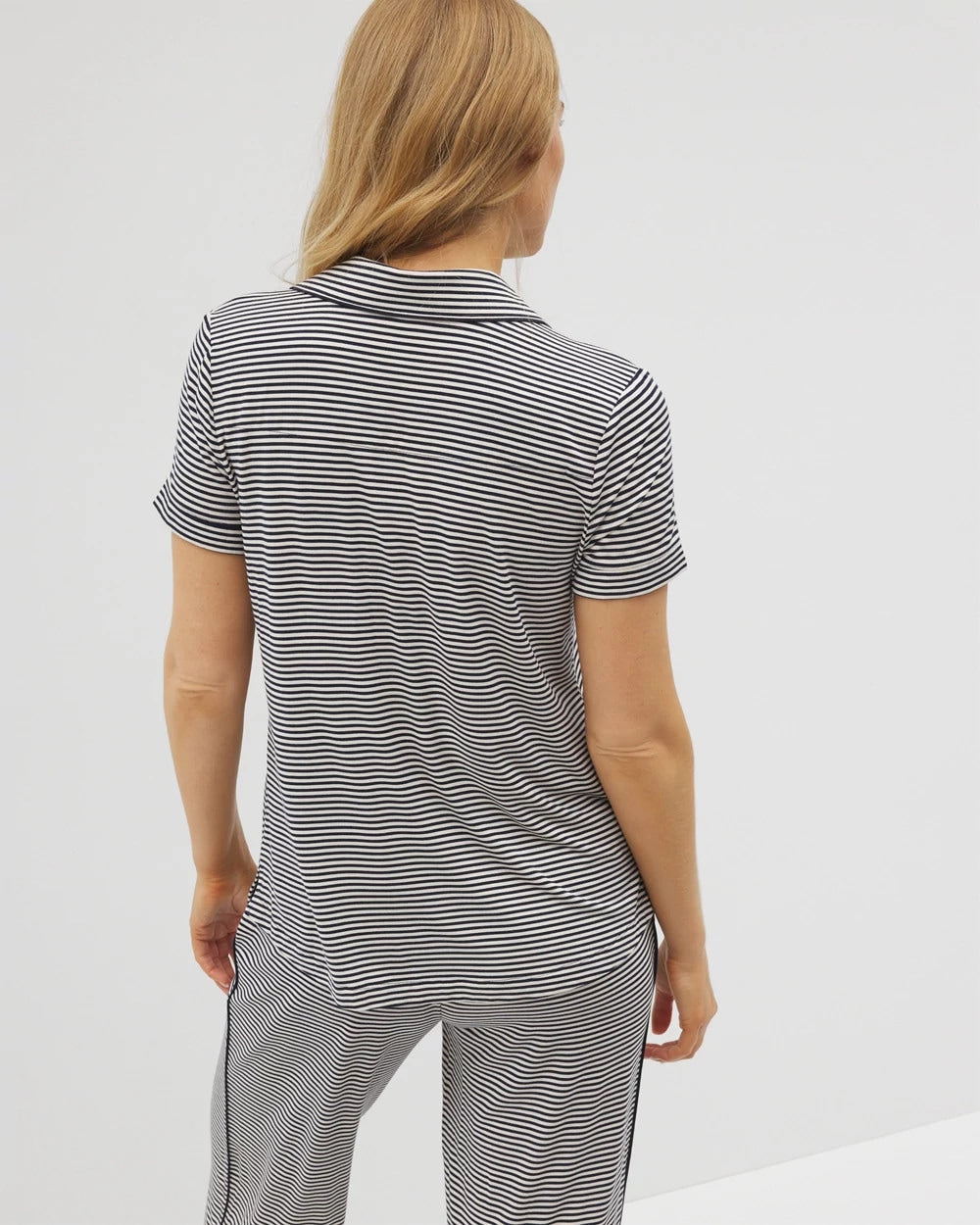 Piped Short Sleeve Notch Collar Pajama Top - NIGHTCAP STRIPE NAVY | Soma Women