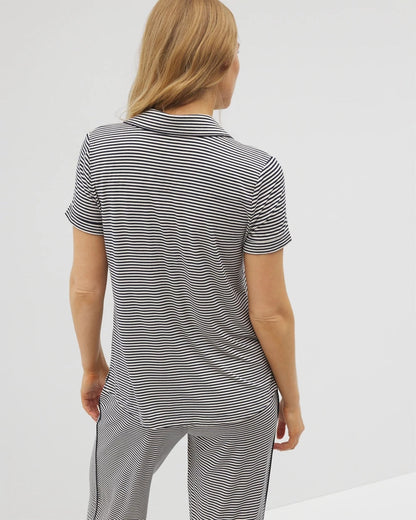 Piped Short Sleeve Notch Collar Pajama Top - NIGHTCAP STRIPE NAVY | Soma Women