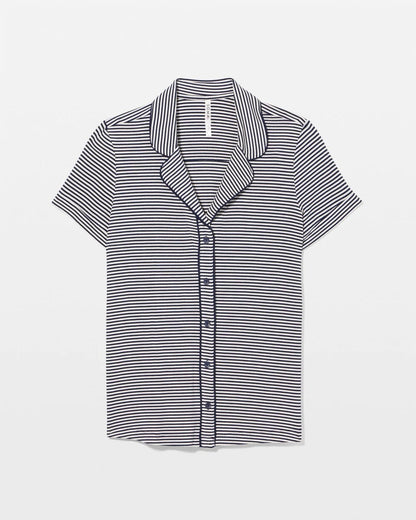Piped Short Sleeve Notch Collar Pajama Top - NIGHTCAP STRIPE NAVY | Soma Women