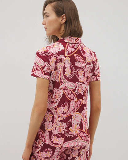 Piped Short Sleeve Notch Collar Pajama Top - KASHMIR PAISLEY KISS | Soma Women