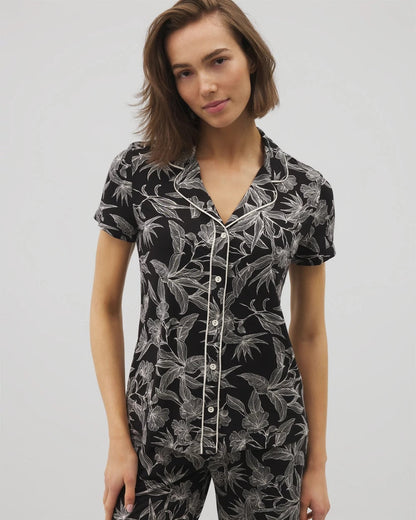 Piped Short Sleeve Notch Collar Pajama Top - PLUMERIA BLOOMS BLK CH | Soma Women