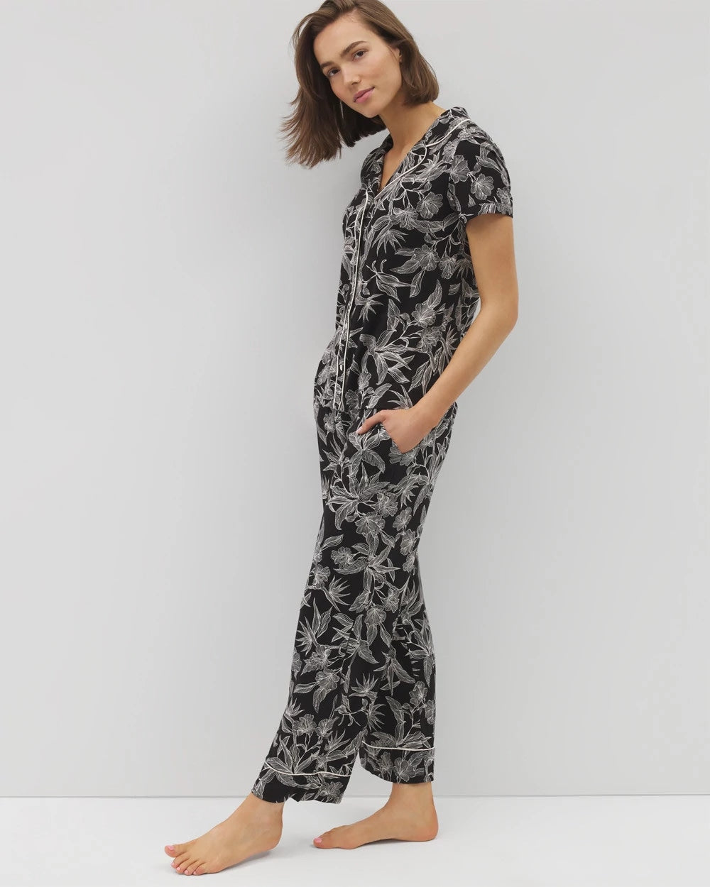 Piped Short Sleeve Notch Collar Pajama Top - PLUMERIA BLOOMS BLK CH | Soma Women