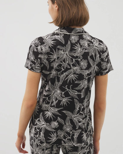 Piped Short Sleeve Notch Collar Pajama Top - PLUMERIA BLOOMS BLK CH | Soma Women