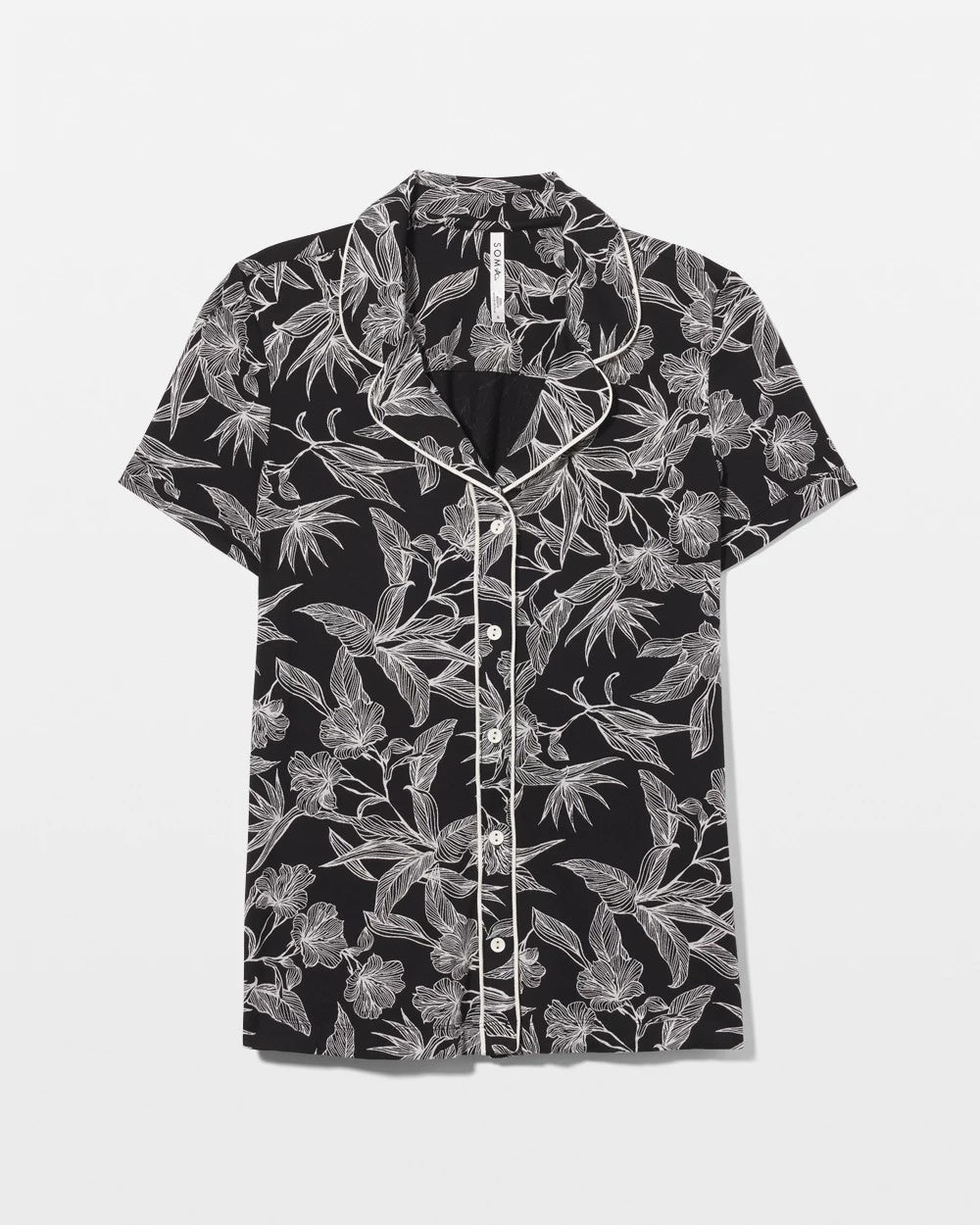 Piped Short Sleeve Notch Collar Pajama Top - PLUMERIA BLOOMS BLK CH | Soma Women