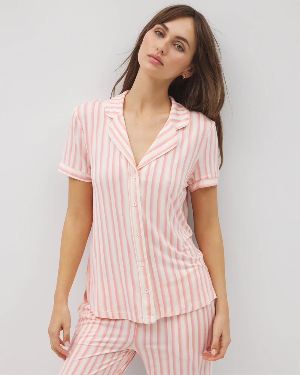 Piped Short Sleeve Notch Collar Pajama Top - SUNNY STRIPES CHAMPAGNE | Soma Women