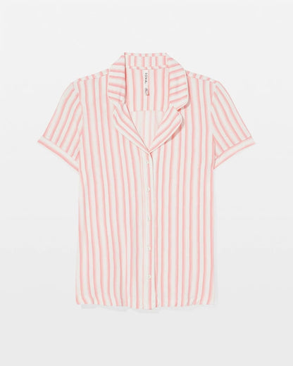 Piped Short Sleeve Notch Collar Pajama Top - SUNNY STRIPES CHAMPAGNE | Soma Women