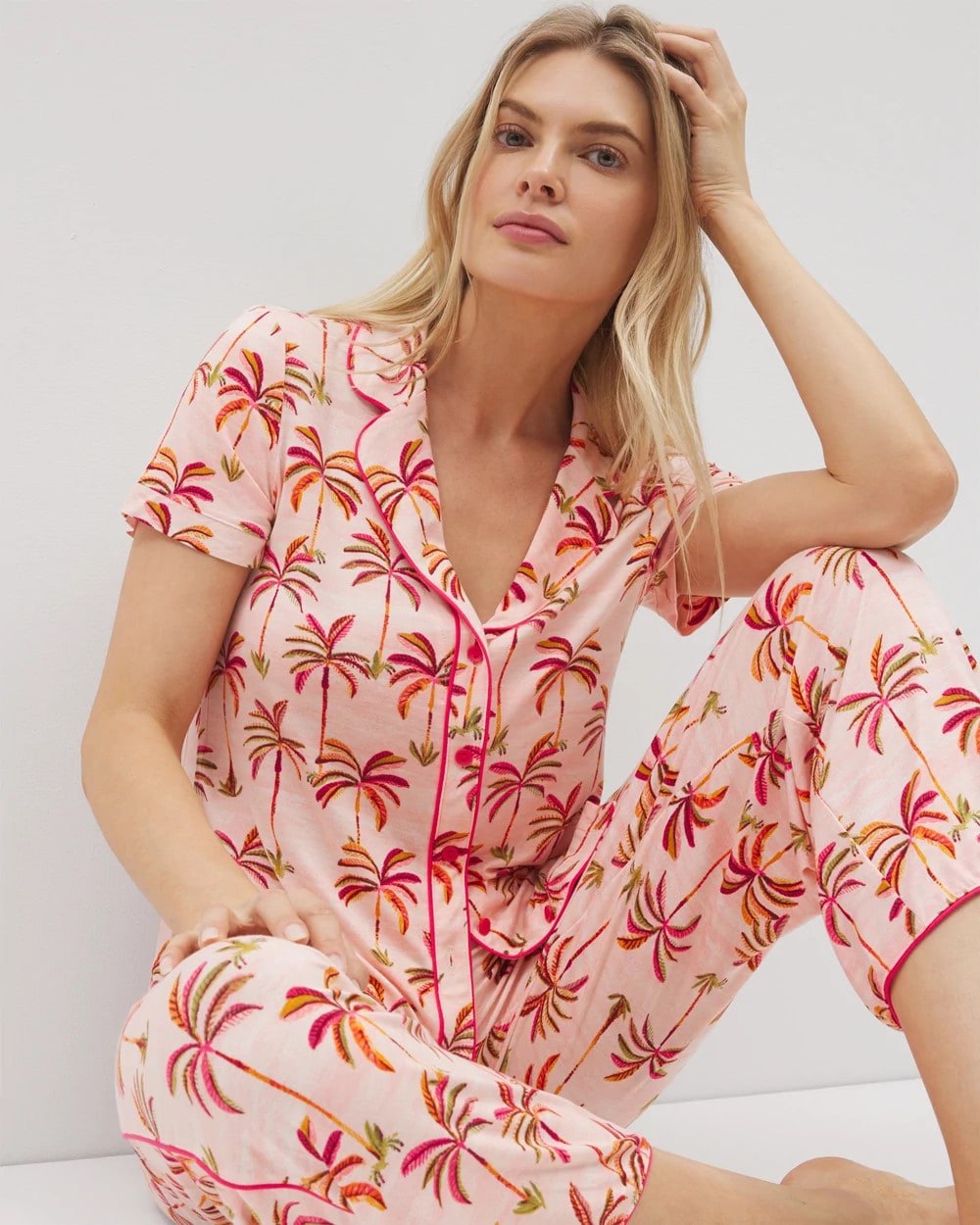 Piped Short Sleeve Notch Collar Pajama Top - SHAKE YOUR PALM PALMS P | Soma Women