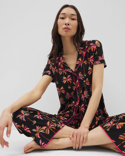 Piped Short Sleeve Notch Collar Pajama Top - SHAKE YOUR PALM PALMS BLK | Soma Women