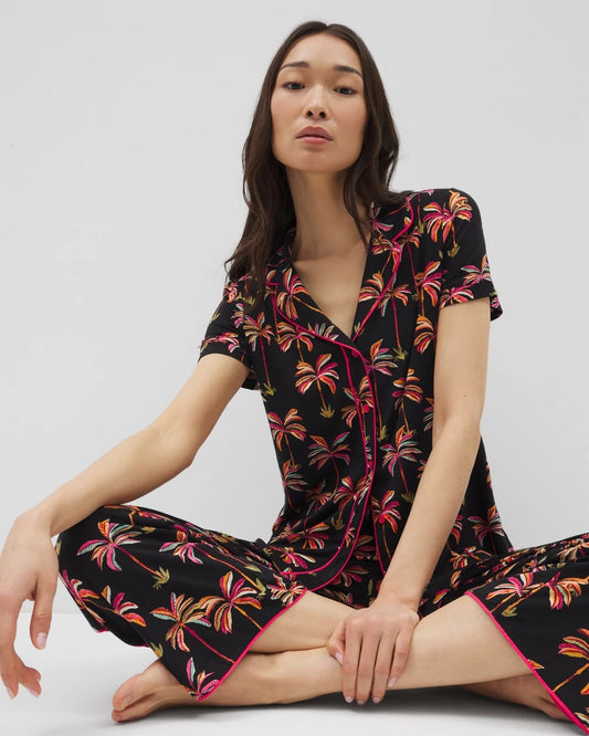 Piped Short Sleeve Notch Collar Pajama Top - SHAKE YOUR PALM PALMS BLK | Soma Women