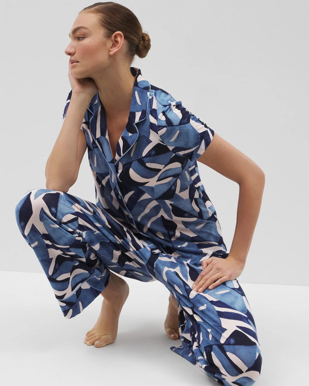 Piped Short Sleeve Notch Collar Pajama Top - TROPICAL BREEZE SKY | Soma Women