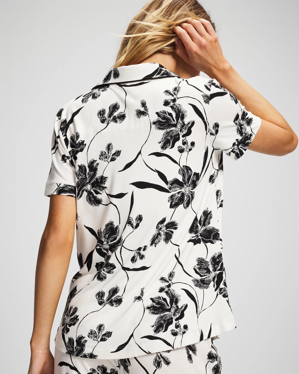 Piped Short Sleeve Notch Collar Pajama Top - REFLECTION BLOOMS CHAMP | Soma Women