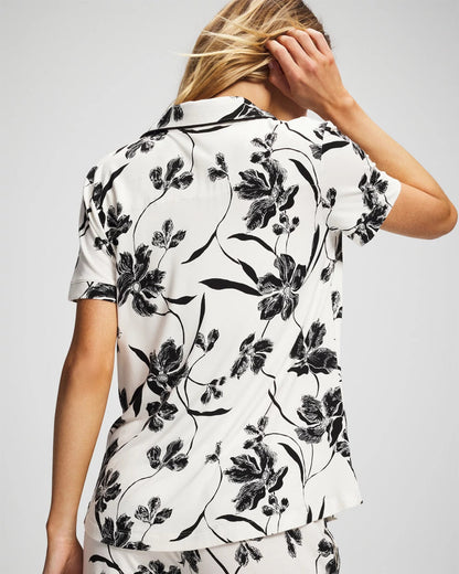 Piped Short Sleeve Notch Collar Pajama Top - REFLECTION BLOOMS CHAMP | Soma Women