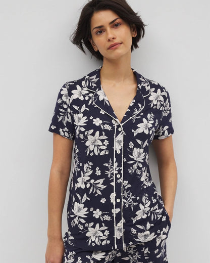 Piped Short Sleeve Notch Collar Pajama Top - PLUMERIA DREAM NAVY | Soma Women